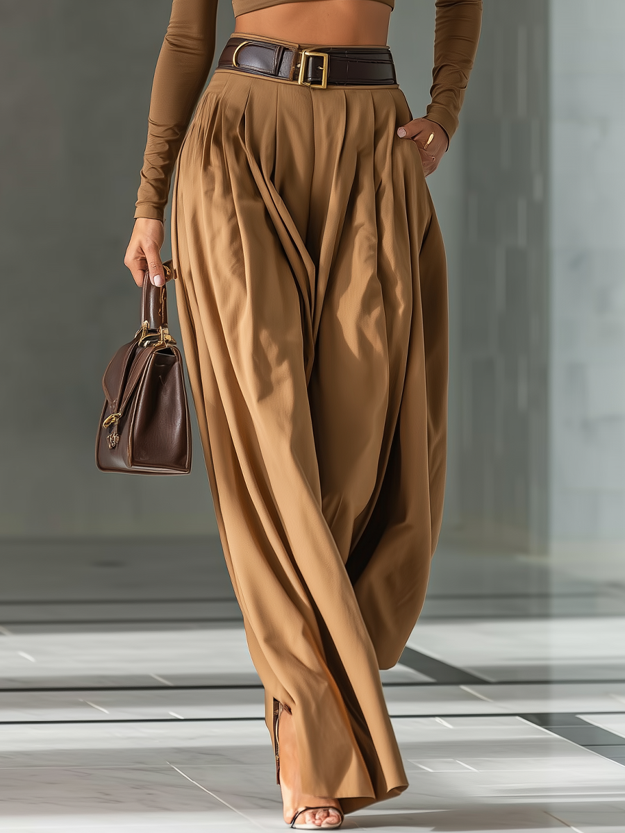 Women's Blended Brown Top And Wide-leg Pants Set MDA1209H0T