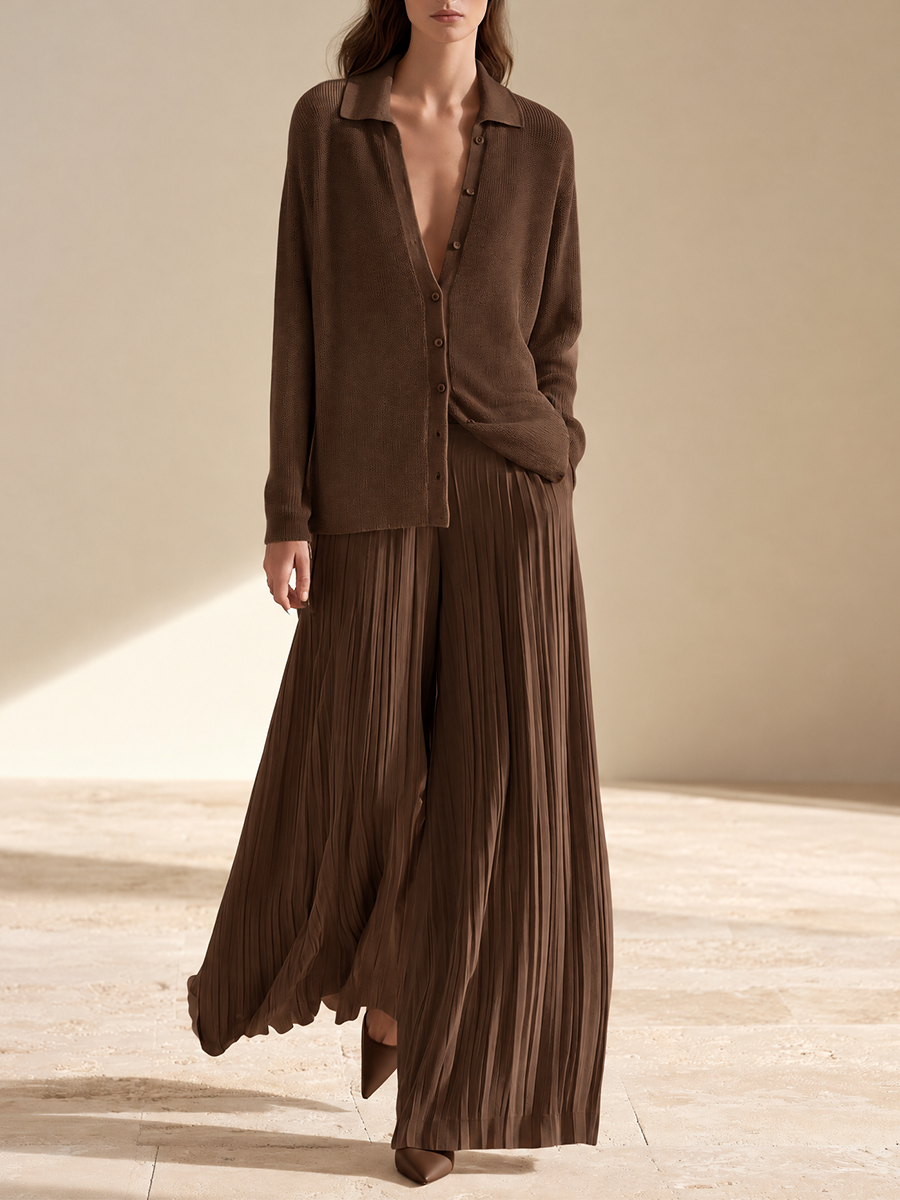 Women's Relaxed Knit Pleated Set Brown Office Wear