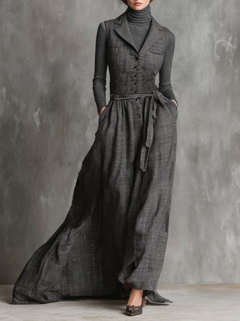 Women's Elegant Wool Blend Lapel Single-breasted Sleeveless Maxi Dress MDA2594H3Y