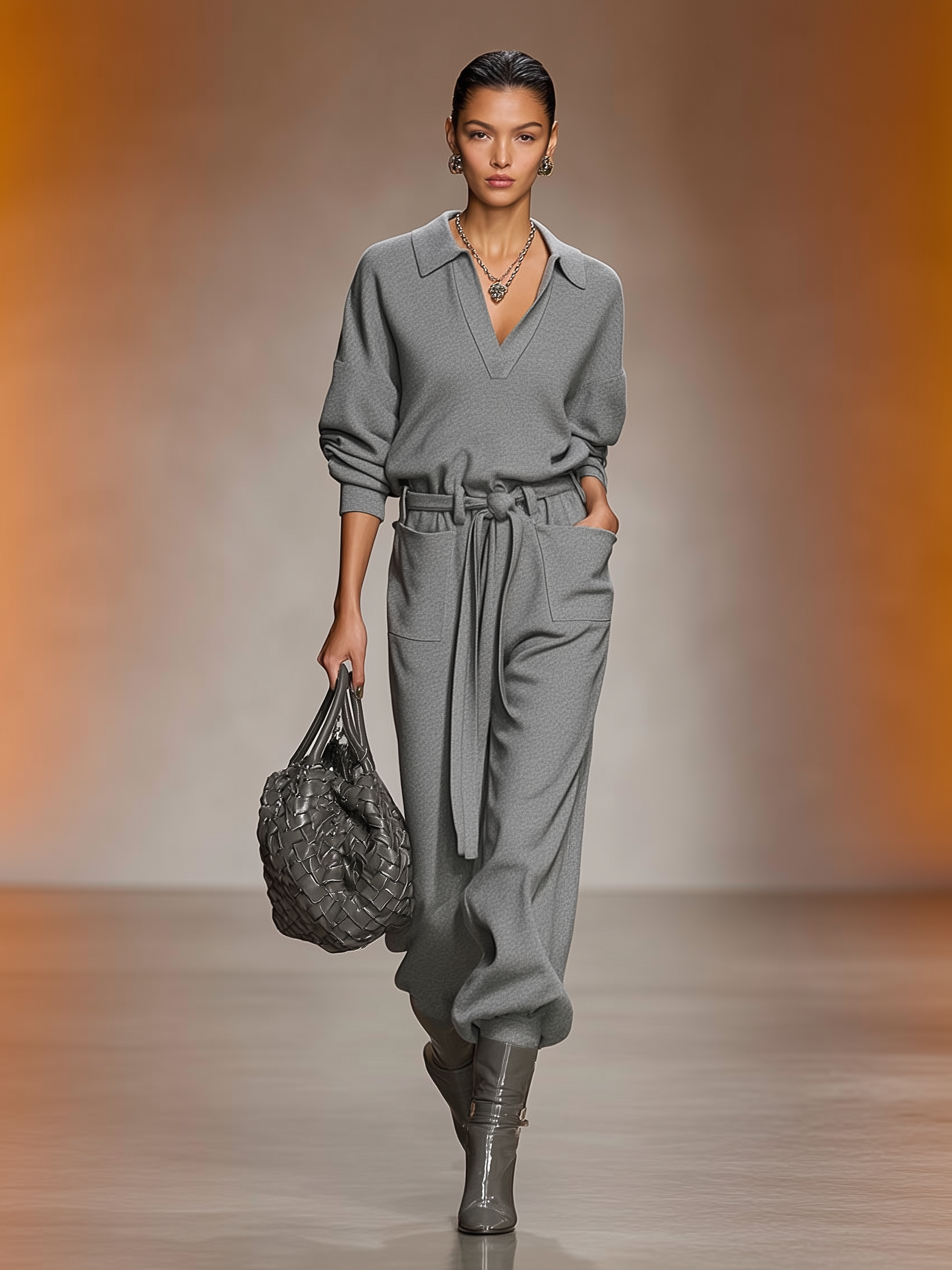 Women's Casual Lapel V-Neck Belt Jumpsuit MDA1123J0Y