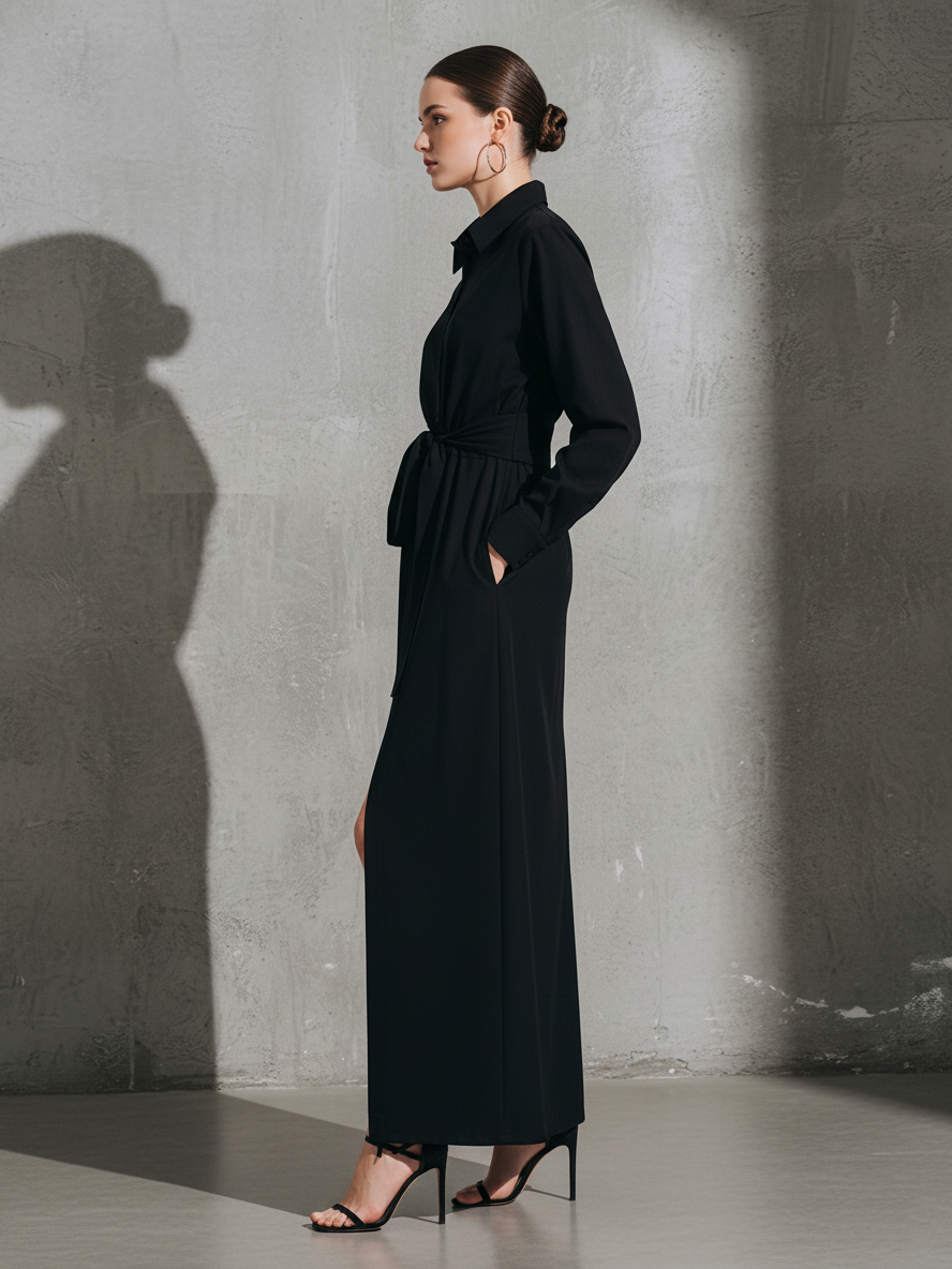 Women's Sleek Cotton-Blend Black Shirt-Collar Belted High-Slit Maxi Dress MDA1599L7AU