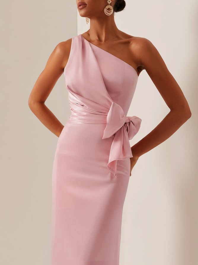 Women's Satin Waist Bow-knot Off-shoulder Slim Maxi Dress MDA1182F4Y