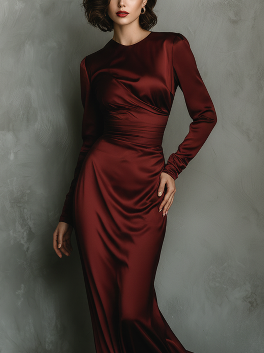 Women's Burgundy Satin Fitted Long-sleeved Evening Dress MDA2825K8T