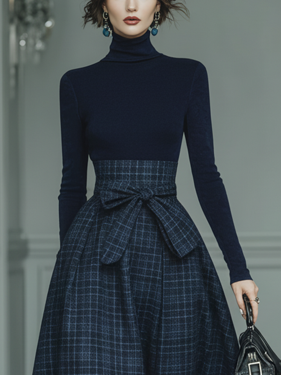 Women's Dark Blue High Elastic Knit And Plaid Wool Skirt Set MDA2592J7T