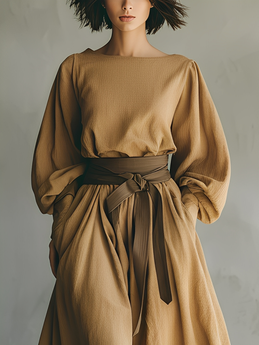 Women's Camel Cotton-Linen Blend Wide-Sleeve Top and Waist-Tie Long Skirt Set MDA2599K7T