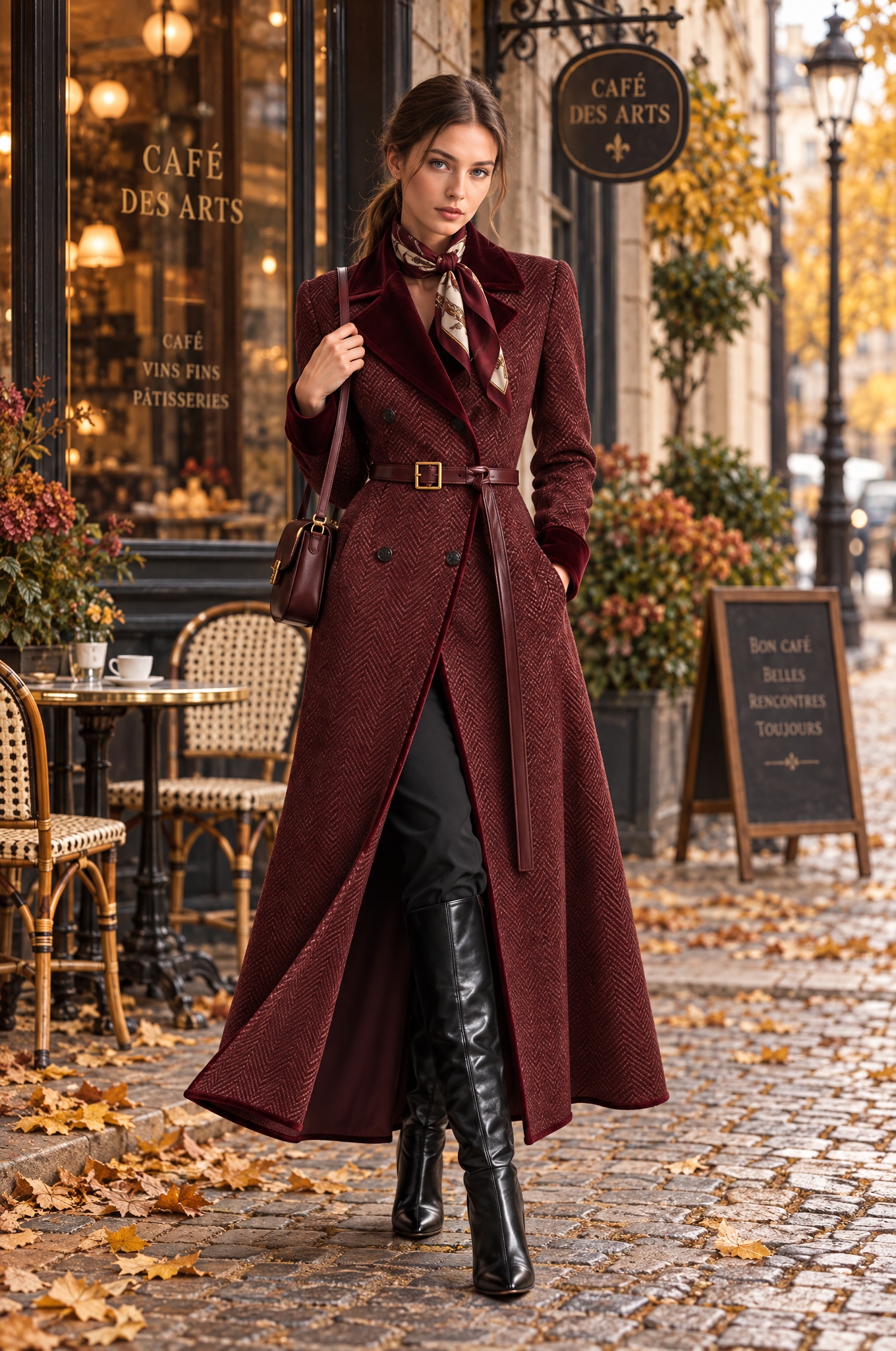 Women's Herringbone Cotton Blend Maxi Coat With Velvet Trim & Belt