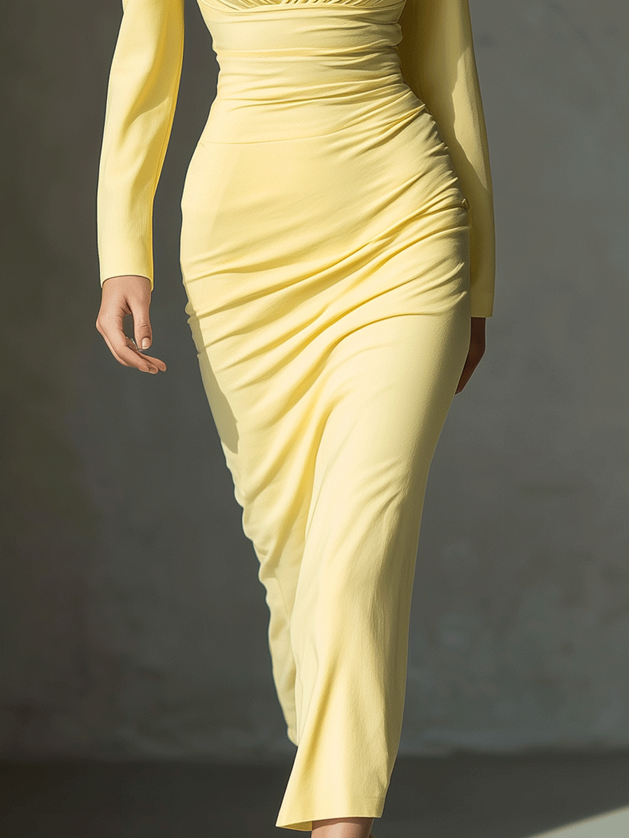 Women's Elegant Jersey Puff - Sleeve Ruched V - Neck Midi Dress MDA3137G9I