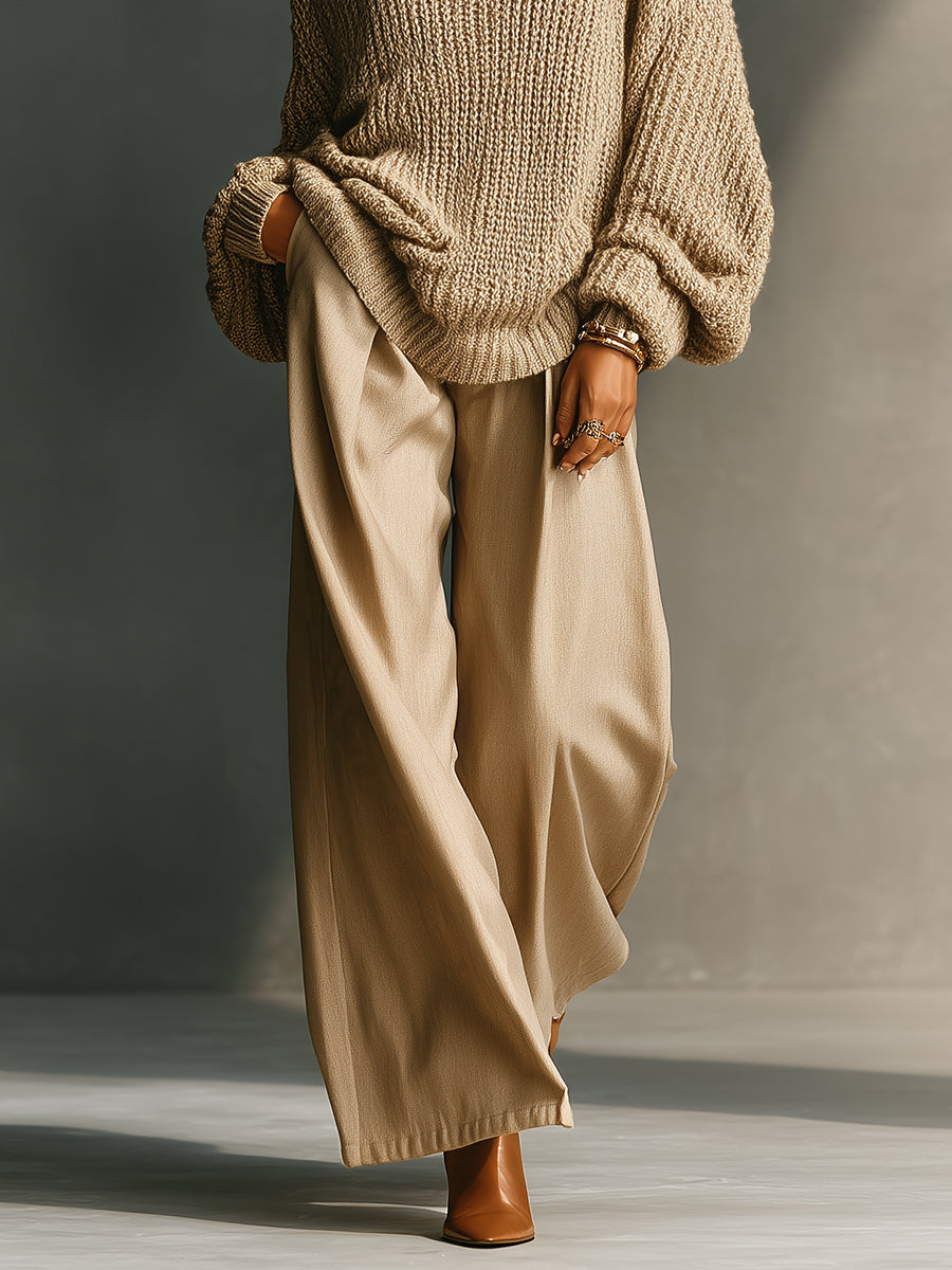 Women's Beige Elegant Ribbed Knit Oversized Sweater And Wide - Leg Pants Set MDA1778I5I