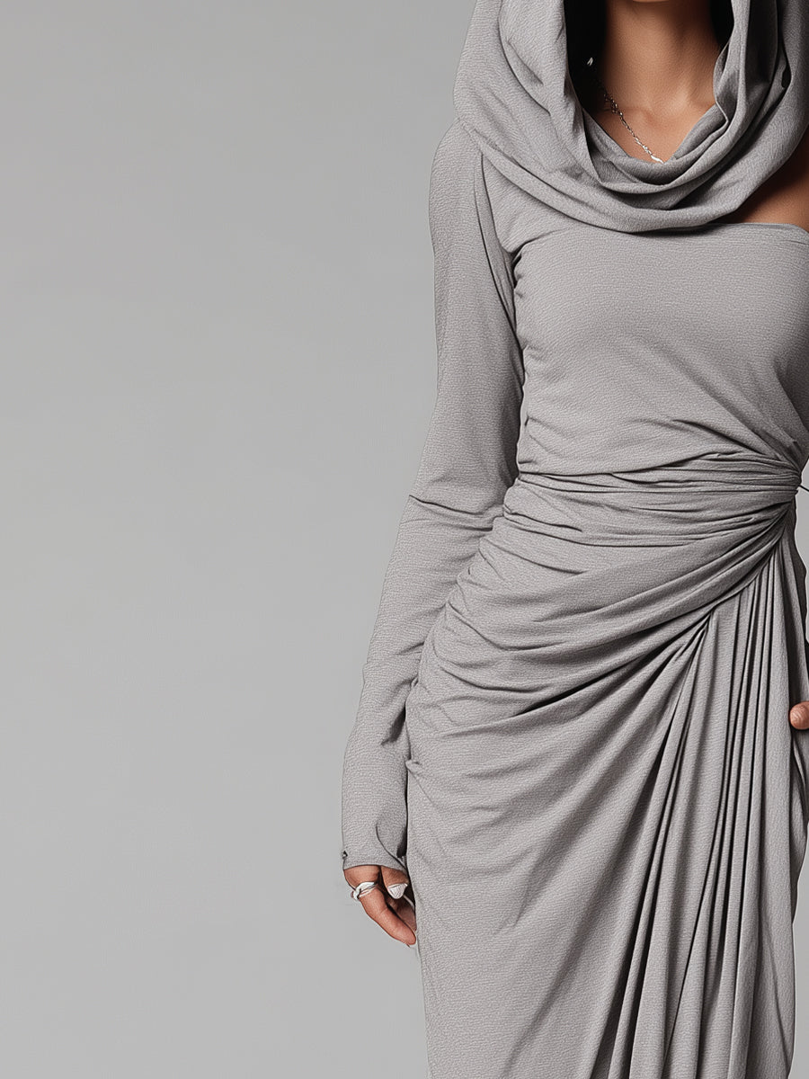 Women's Grey Draped Jersey Avant-Garde Asymmetric Cold-Shoulder Maxi Dress MDA0141K6I