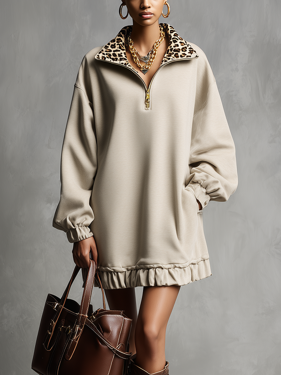 Women's Beige Cotton Blend Leopard Print Collar Mini Dress MDA0332K5T