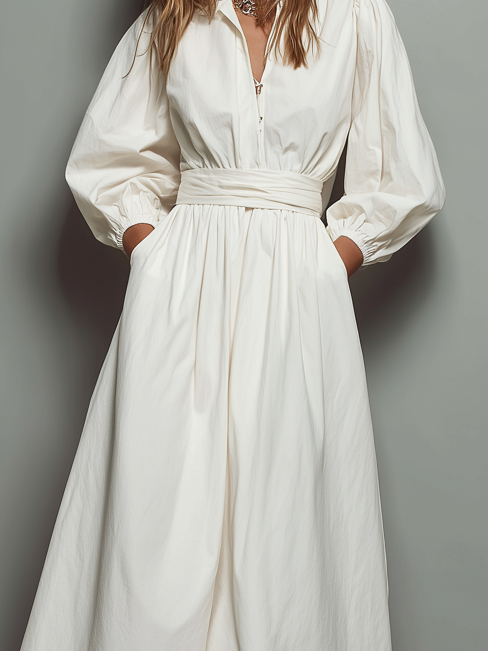 Women's Casual White Cotton And Linen Shirt Dress With Elasticated Waist And Long Sleeves MDZ1218A6AN