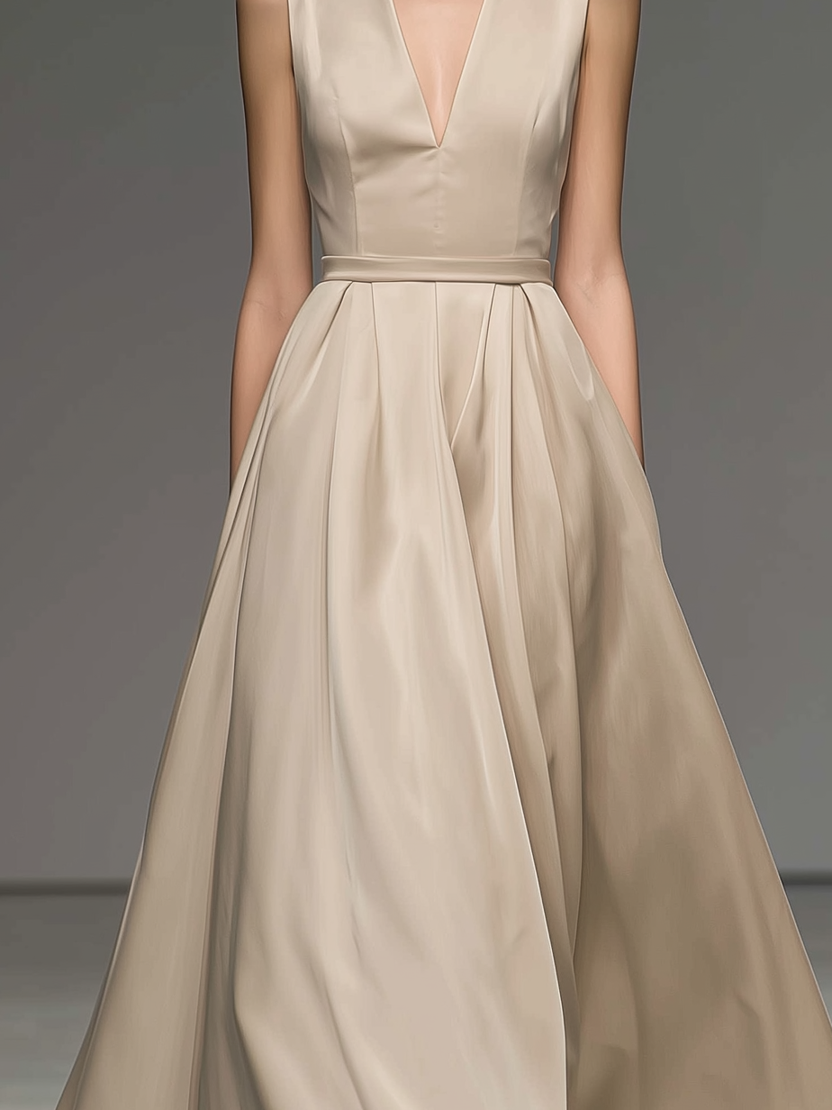 Women's Elegant Champagne-colored Satin Sleeveless V-neck Fitted Long Dress MDA2614L1AN