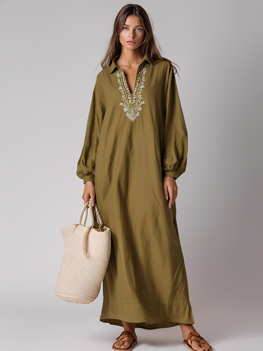 Women's Olive Green Cotton Bohemian Embroidered Collared Maxi Dress MDA0573K5I