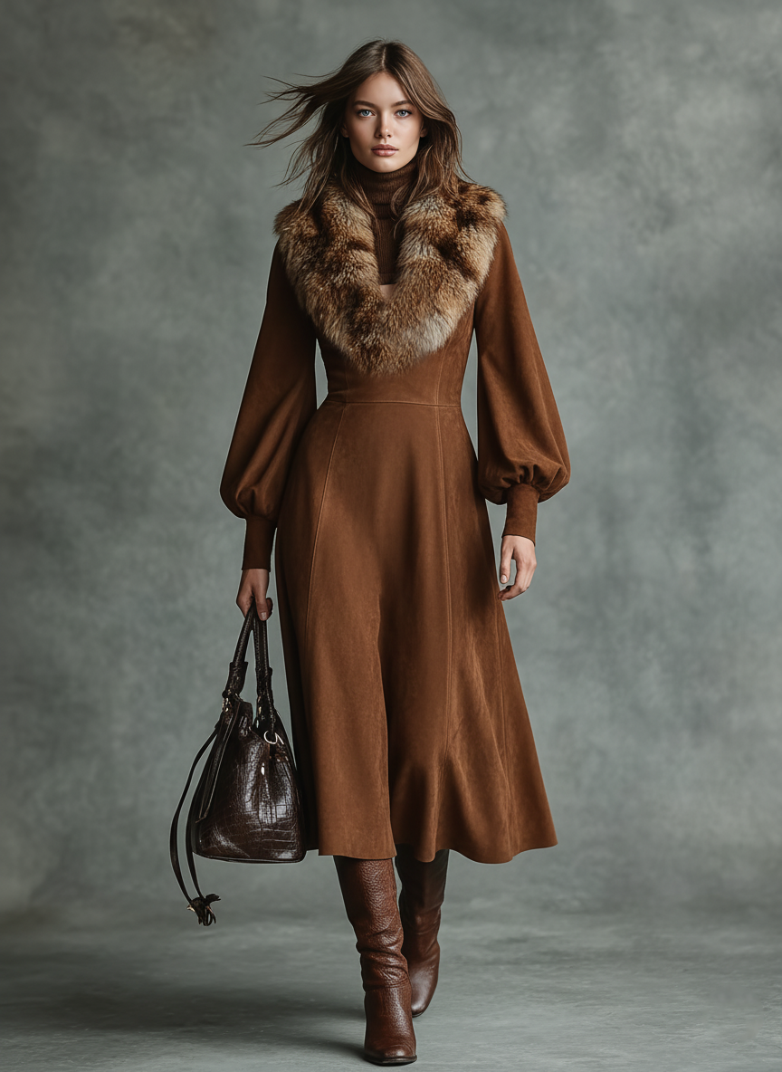 Women's Retro Detachable Fur Collar V-Neck Faux Suede Midi Dress MDA2821J3Y