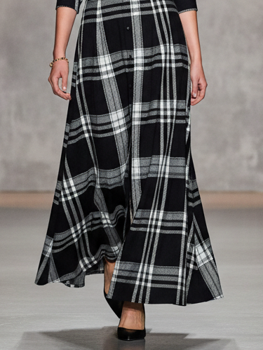 Women's Loose Plaid Long-sleeved Shirt Belt Maxi Dress MDA1694I5Y