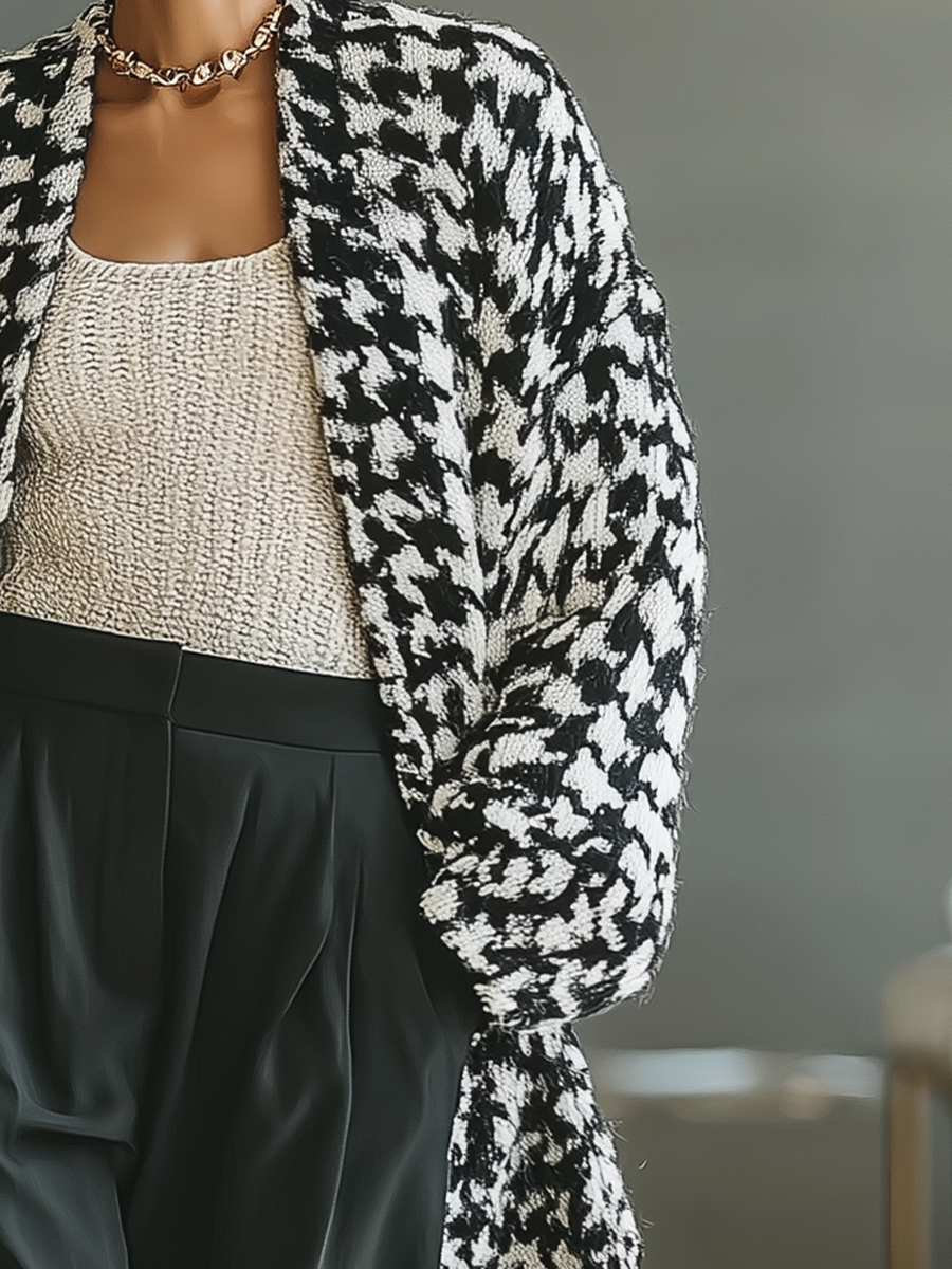 Women's Black And White Houndstooth Knitted Fashionable Cardigan MDA1070J0T