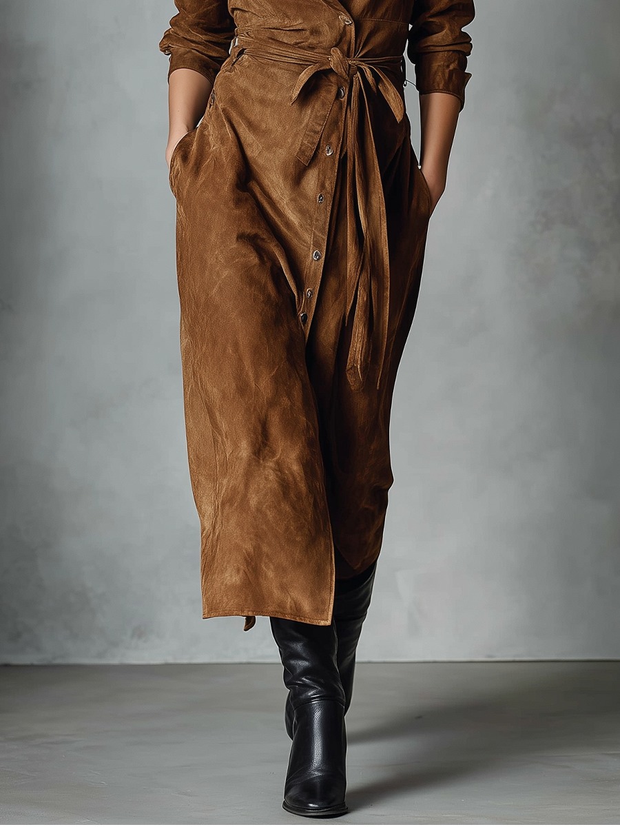 Women's Brown Faux Suede Tie-up Slit Midi Dress MDA2551K8T