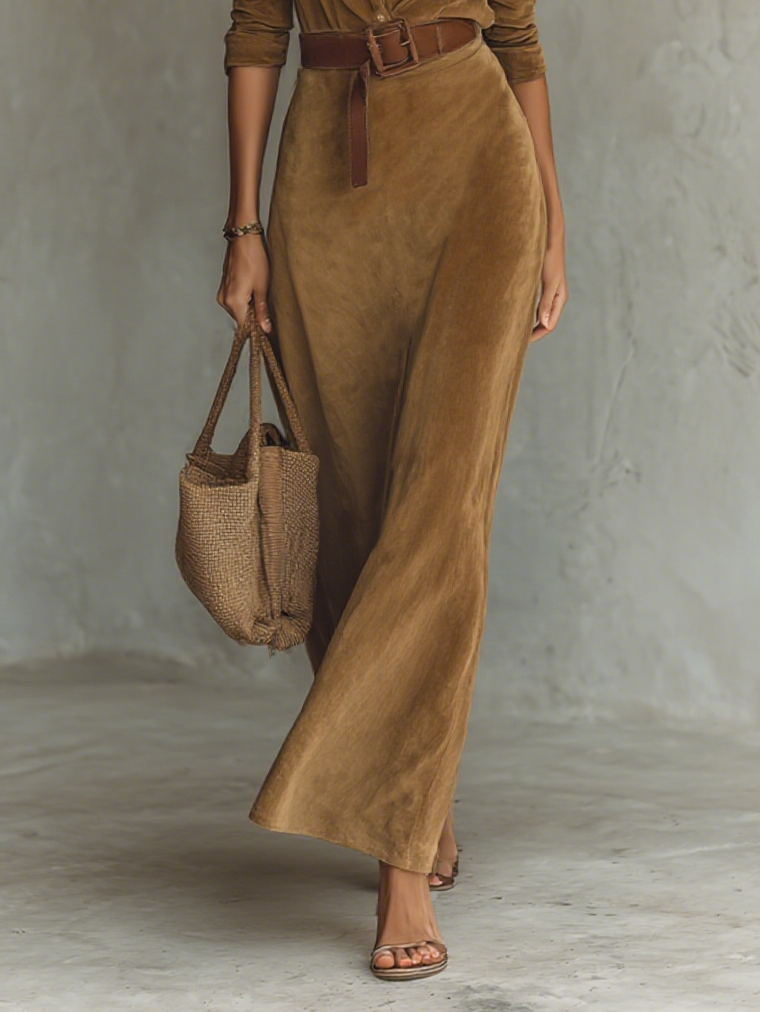 Women's Suede Single-breasted Lapel Belt Maxi Dress MDA1205H8Y