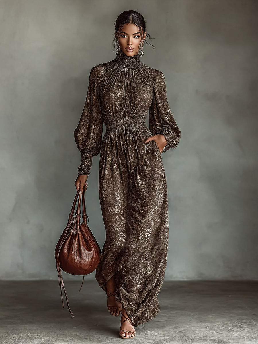 Women's Printed Turtleneck Long Sleeve Waist-hugging Maxi Dress MDA2490G3Y