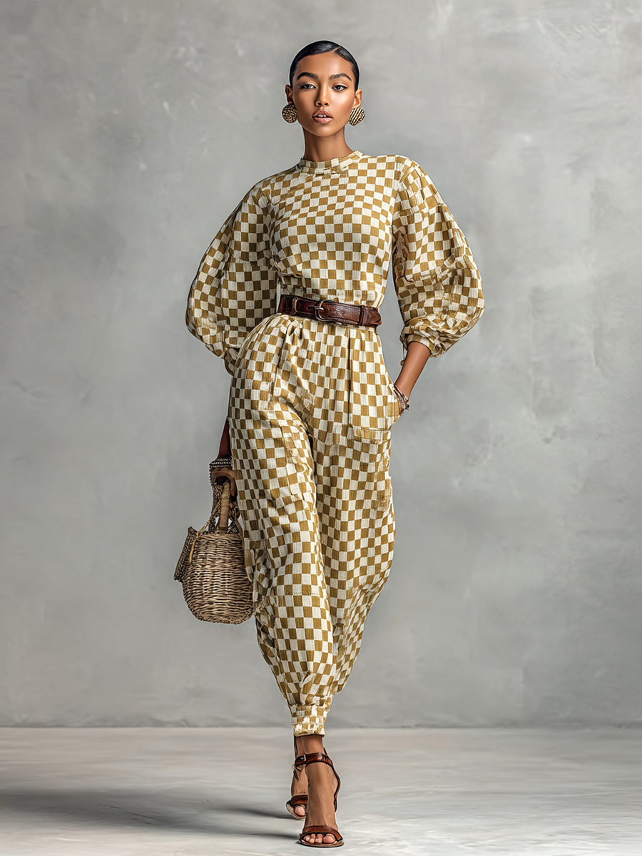 Women's Checkerboard Print Crew Neck Lantern Long Sleeve Cinch-waist Jumpsuit MDA1955G8Y