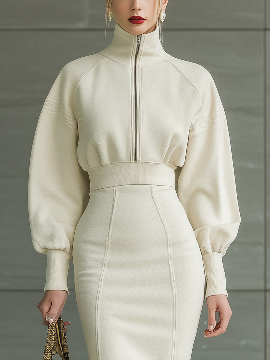 Women's Off-white Air Layer Half-zip Versatile Midi Dress MDA2802I3T