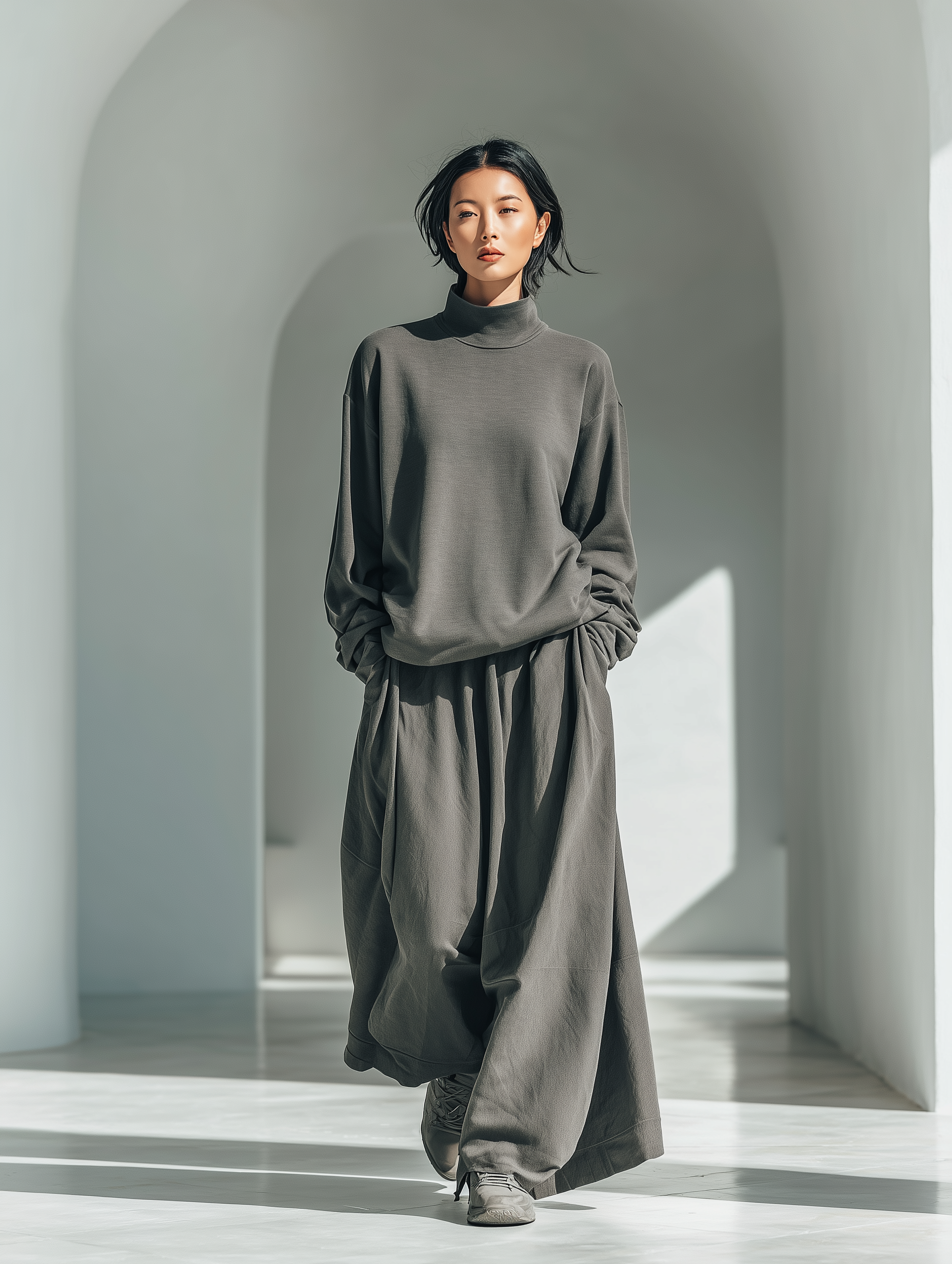 Women's Fashionable And Versatile Sporty Casual Style Gray Turtleneck Long-sleeved Top Paired With Matching Wide-leg Pants MDA2544K0AN