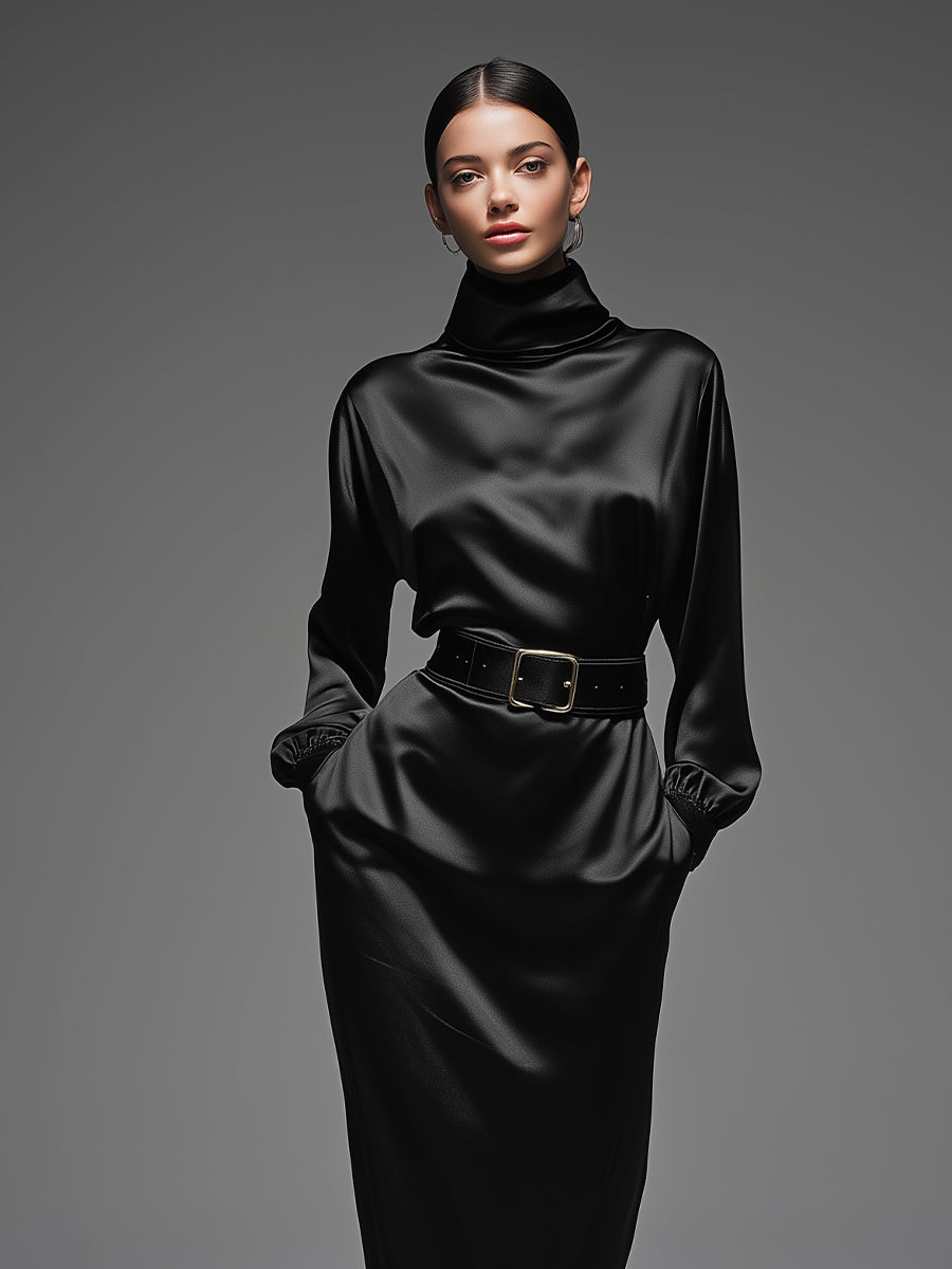 Women's Black Satin High-Neck Belted Waist & Puff Sleeves, Sophisticated Cocktail Style Maxi Dress MDA2386J8I