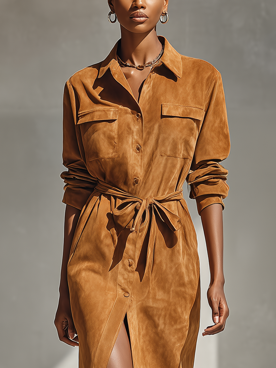 Women Camel Faux Suede Belted Button Down Shirt Dress MDA1897L1T