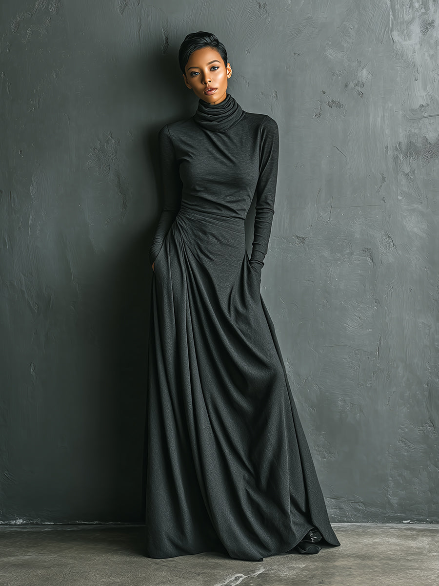 Women's Charcoal Elegant Stretch Polyester-Cotton Blend Turtleneck Draped Maxi Dress MDA1727J1I
