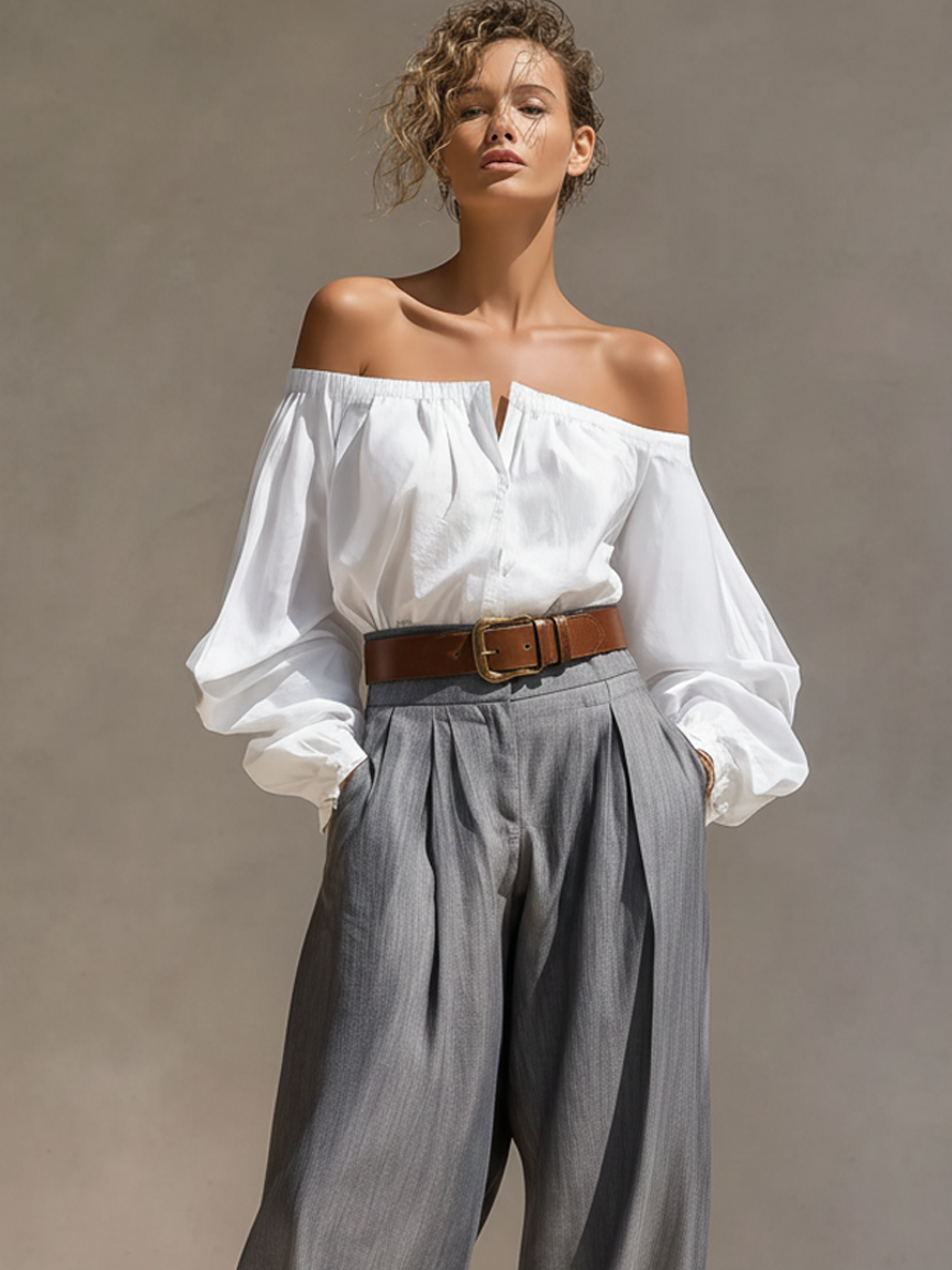 Women's Minimalist Off-the-shoulder Long-sleeved Shirt And Wide-leg Pants Set MDA0925L8Y