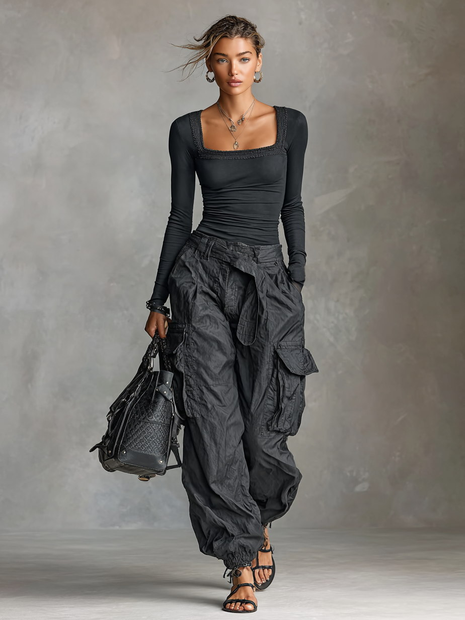 Women's Square Neck Long Sleeve T-Shirt Multi-Pocket Cargo Pants Two-Piece Set MDA2588G0Y