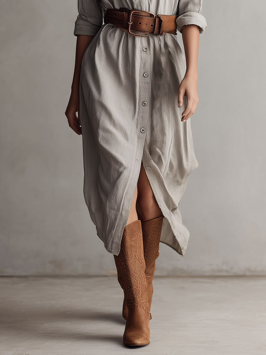 Women's Light Gray Cotton-linen Blend Collared Tie-front Shirt Midi Dress MDA0589K1T