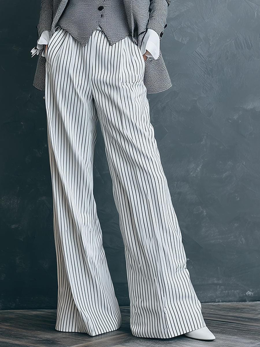 Women's Gray & White Patterned Woven Set With Houndstooth Blazer & Wide-Leg Pants, Timeless Tailored-Chic Style Set (without Inner Wear) MDA1806L0I