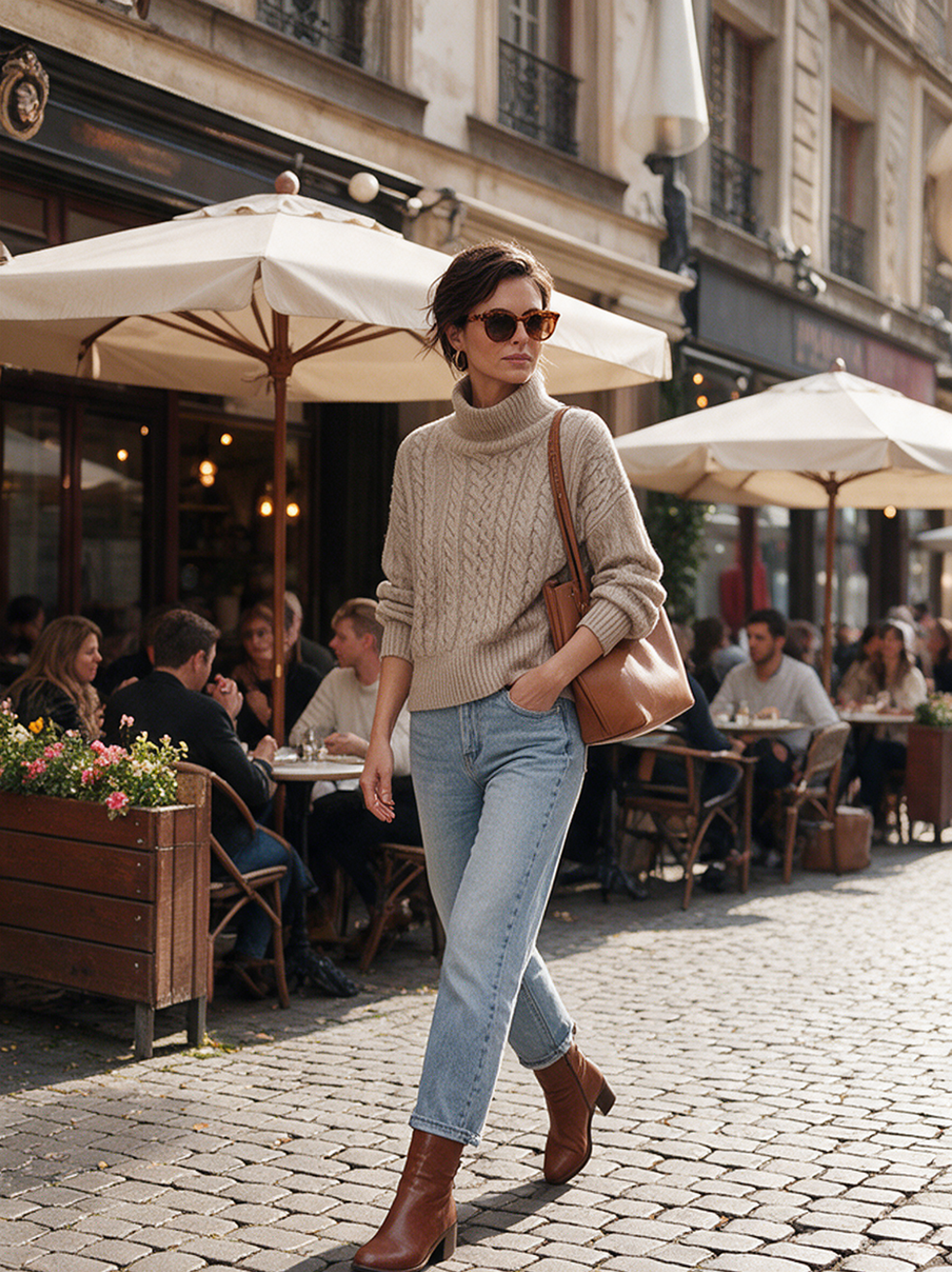 Women’s Casual Khaki Cable-knit Turtleneck Long-sleeve Sweater
