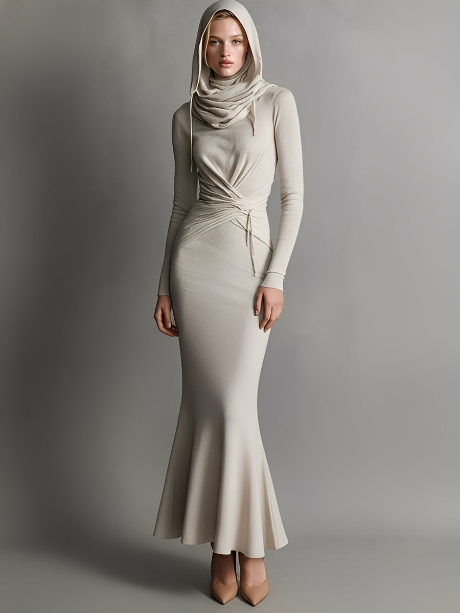 Women's Beige Polyester Blend Mermaid Dress With Draped Neck & Cinched Waist, Sophisticated Evening Dress MDA2453J6I