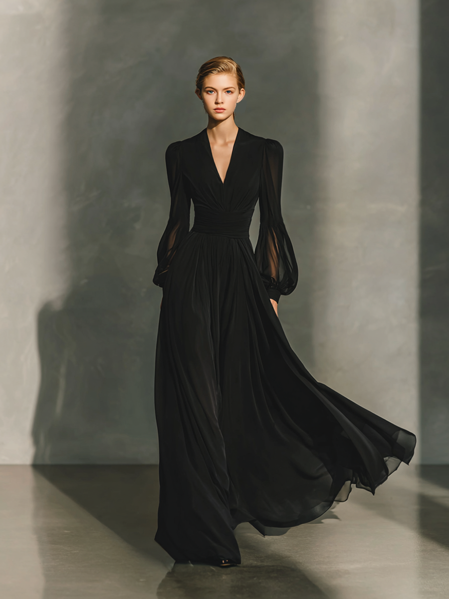 Women's Black Chiffon Deep V-Neck Cinched-Waist Maxi Dress MDA2668K5AP