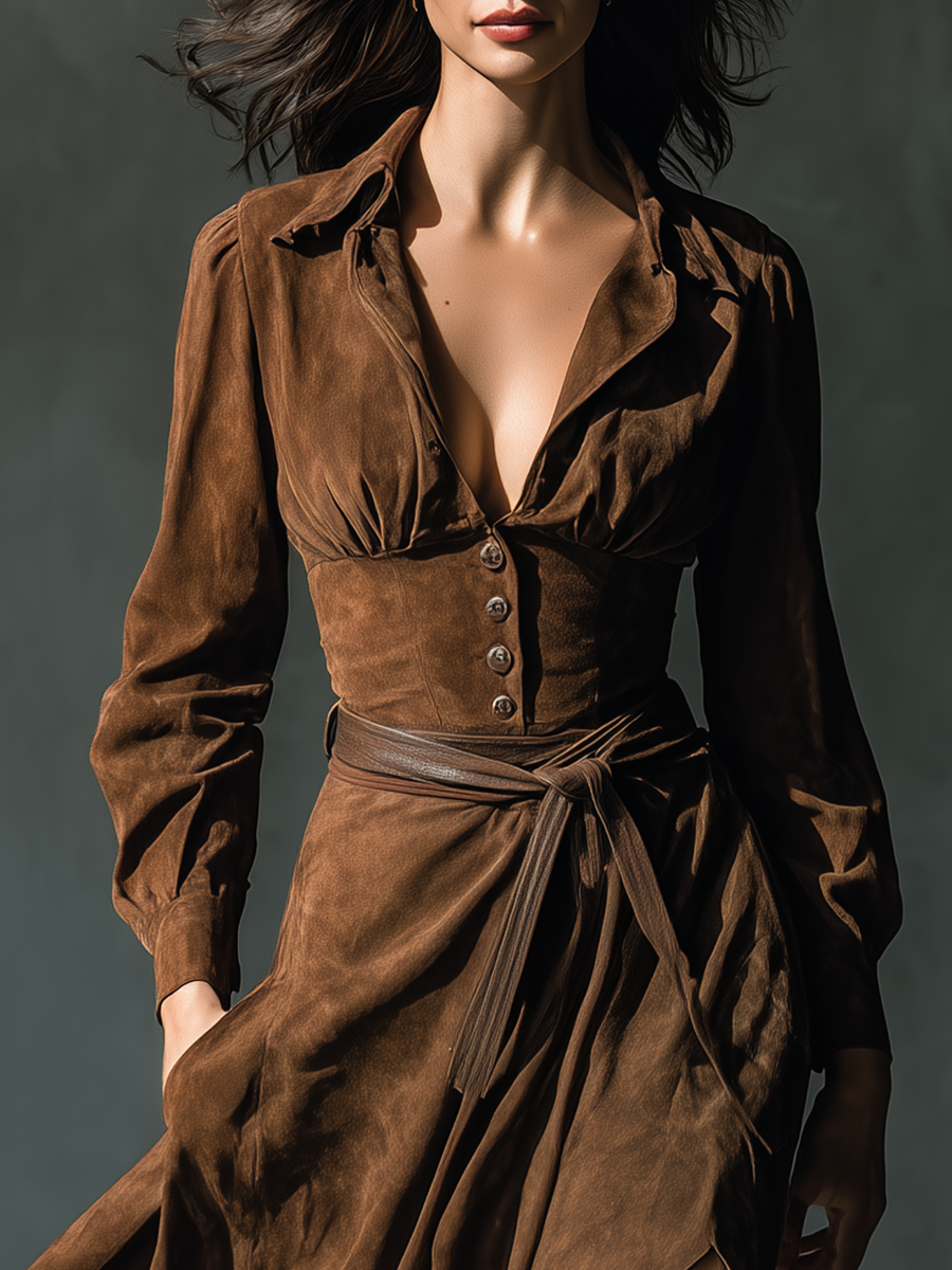 Women's Suede Brown Shirt Collar Maxi Dress MDA0152H3T