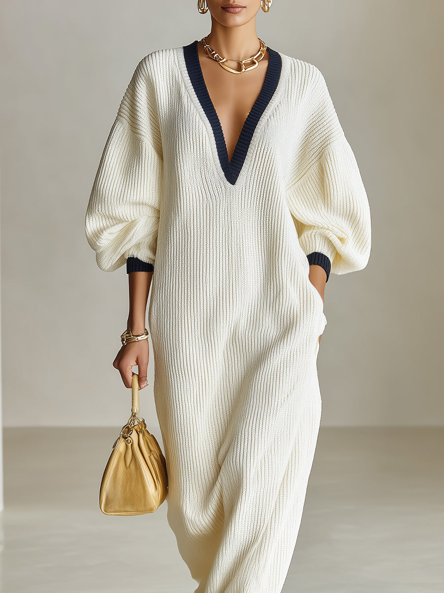 Women's Cream Elegant Ribbed Knit Contrast V - Neck Balloon - Sleeve Maxi Sweater Dress MDA2581I6I
