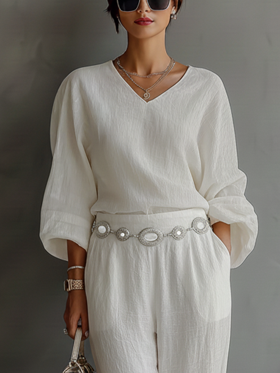 Women's Off-white Cotton And Linen Long-sleeved Top And Trousers Set MDA2525L6T