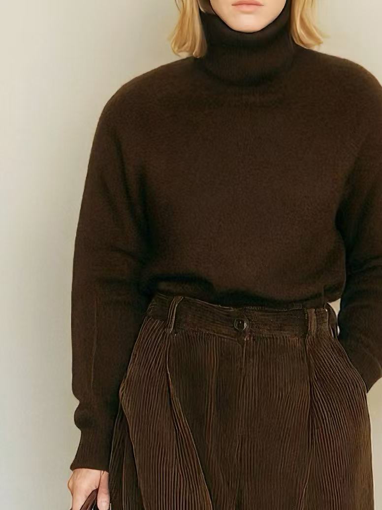 Women's Elegant And Simple Brown Turtleneck Knit Top Paired With Brown Corduroy Straight-leg Trousers MDA0632K3AN