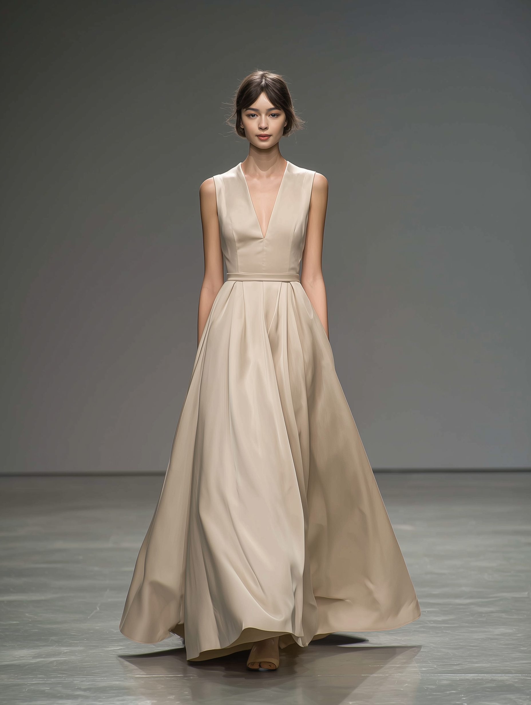 Women's Elegant Champagne-colored Satin Sleeveless V-neck Fitted Long Dress MDA2614L1AN