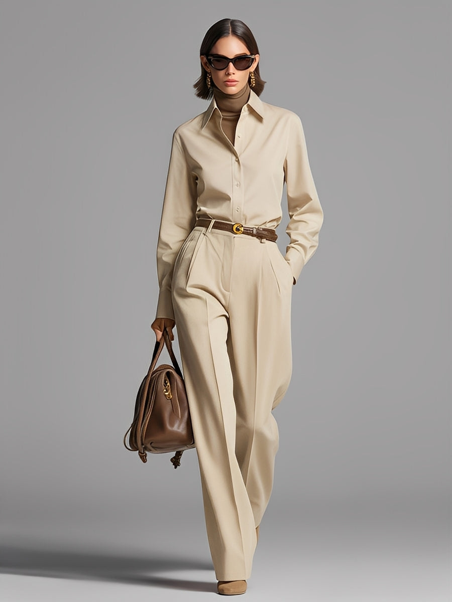Women's Beige Structured Woven Set With Collared Shirt & Belted Wide-Leg Pants, Timeless Sophisticated Style Set (Inner Not Include) MDA1051L0I
