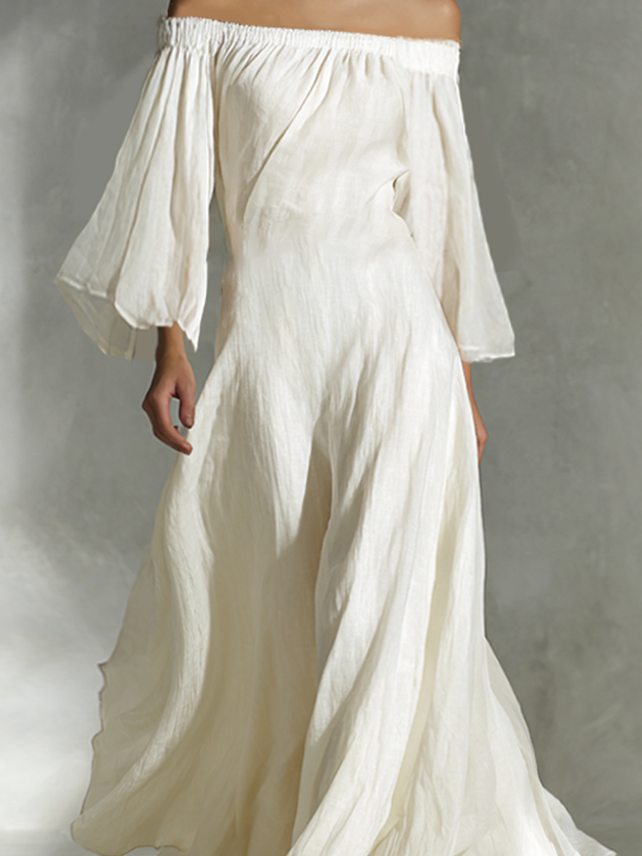 Women's Ivory Off-Shoulder Puff Sleeve Flowy Maxi Dress MDA0486L6AP