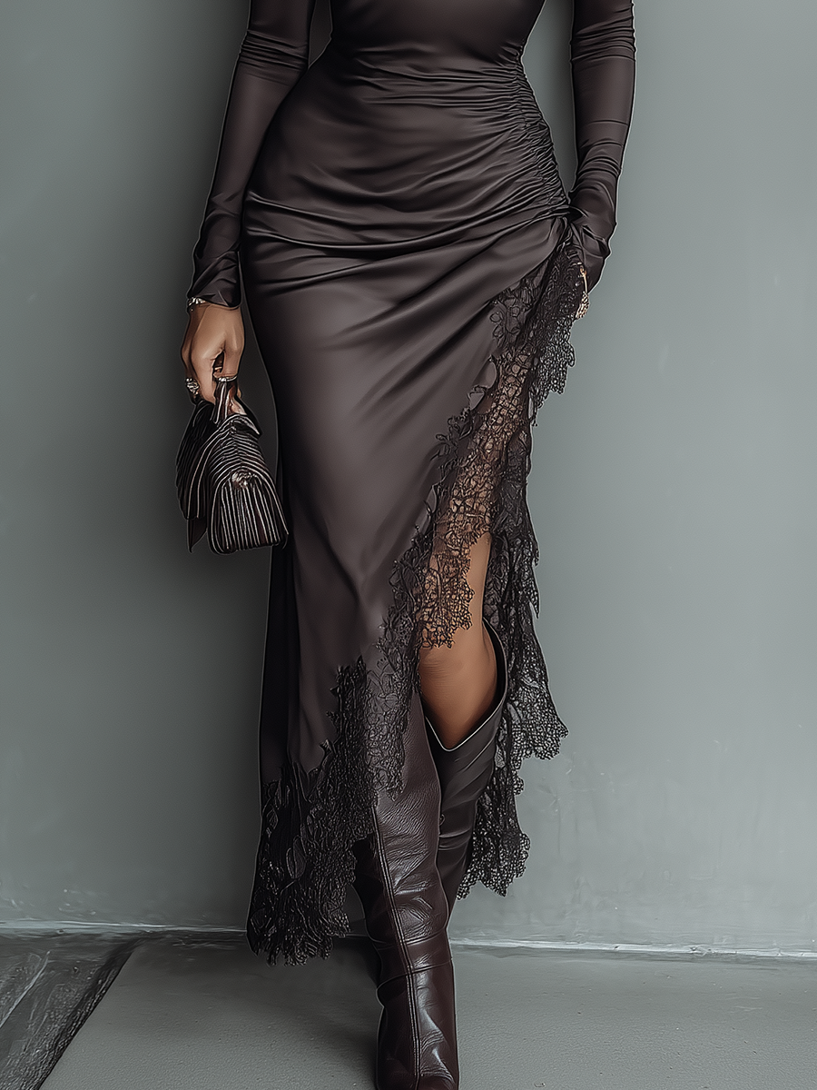 Women's Dark Brown Satin Irregular Hem Lace Slim Maxi Dress MDA0501H1T