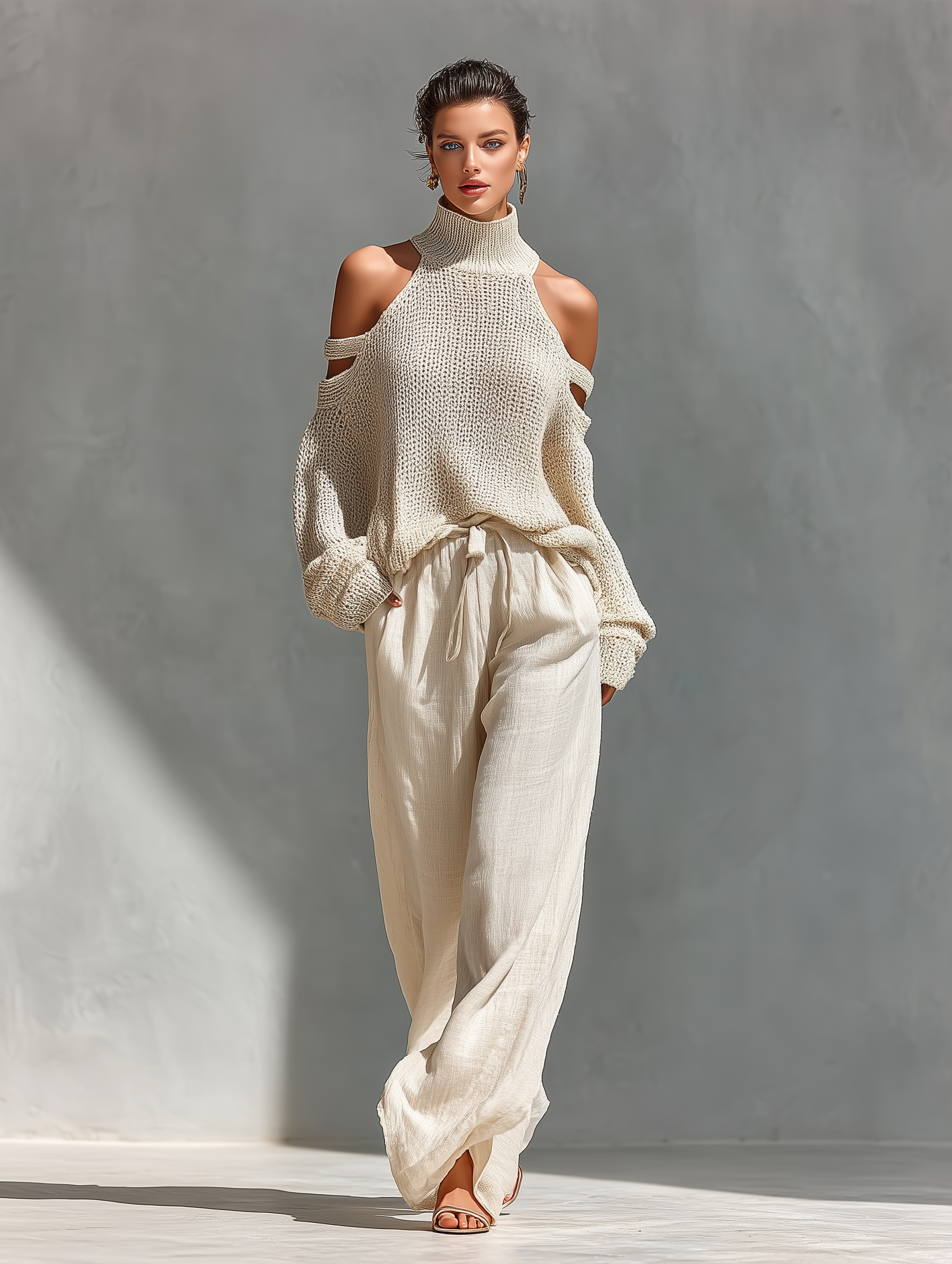 Women's Beige Knit Fabric Cold-Shoulder Turtleneck Top & Wide-Leg Pants Set MDZ0984A5T