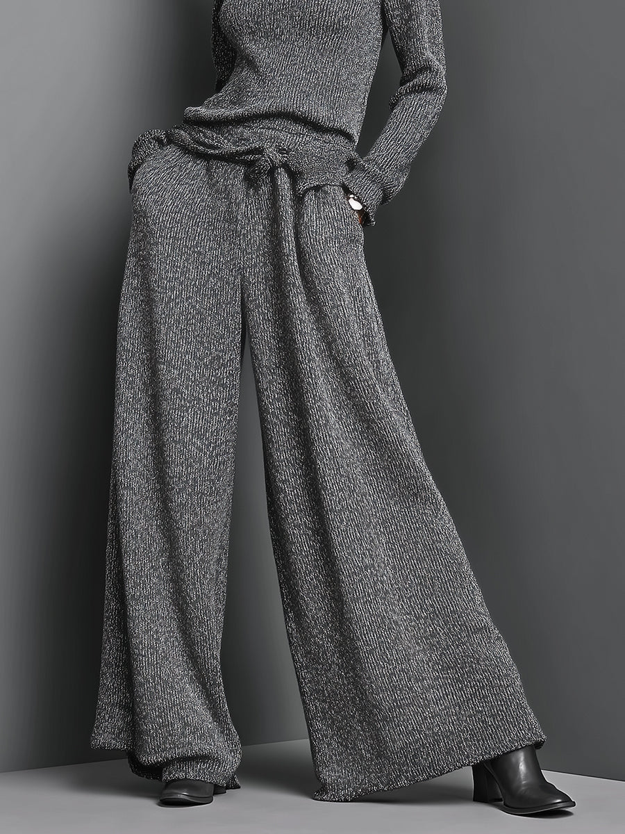 Women's Grey Elegant Rib - Knit Turtleneck Sweater & Wide - Leg Pants Set MDA1556H8I