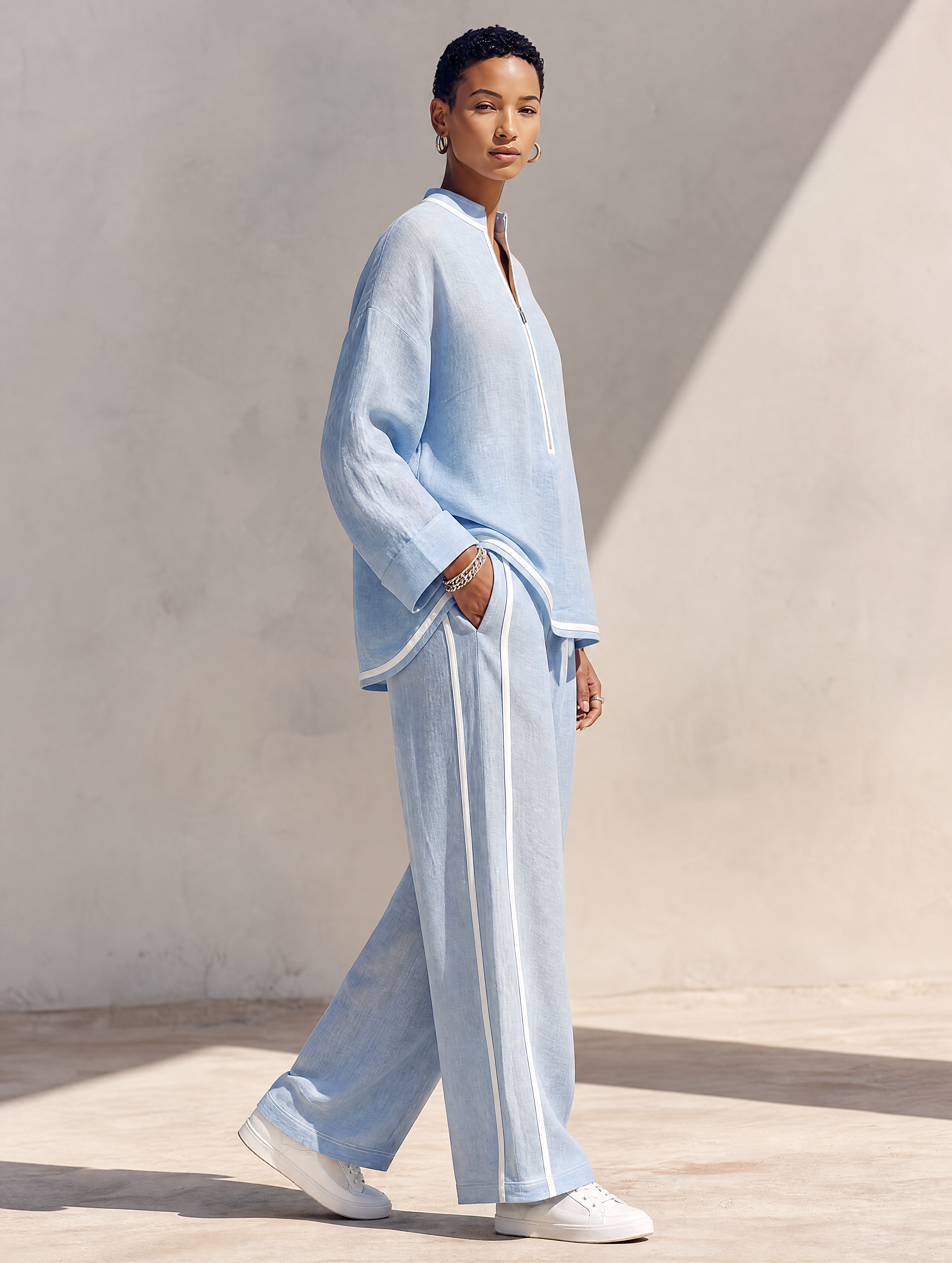 Women's Light‑Blue Linen Fabric Stand‑Collar Half‑Zip Oversized