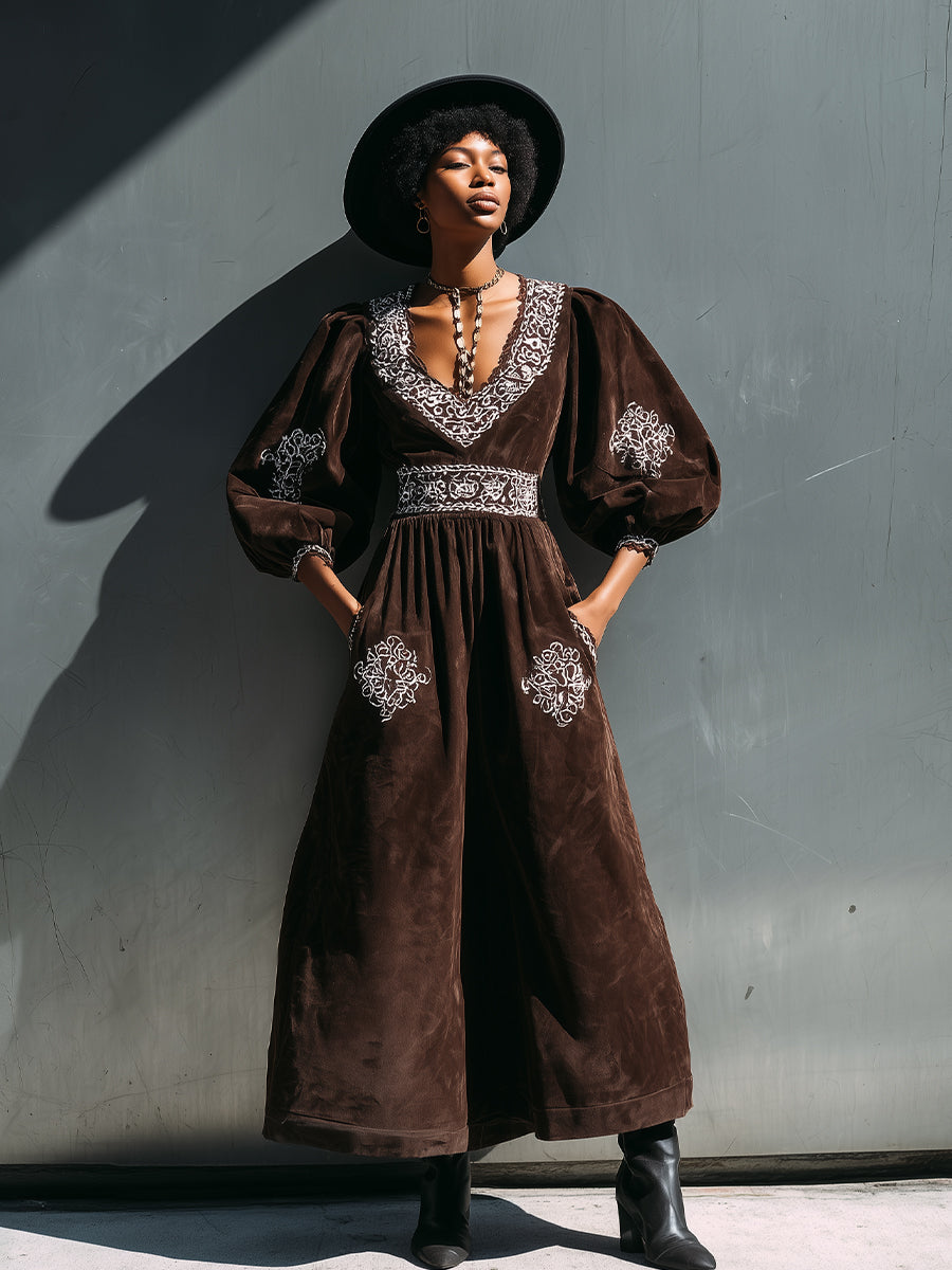 Women's Chocolate Brown Faux Suede Boho-Chic Maxi Dress With Embroidered V-Neck & Puff Sleeves, Vintage Festival Dress MDA2454J4I