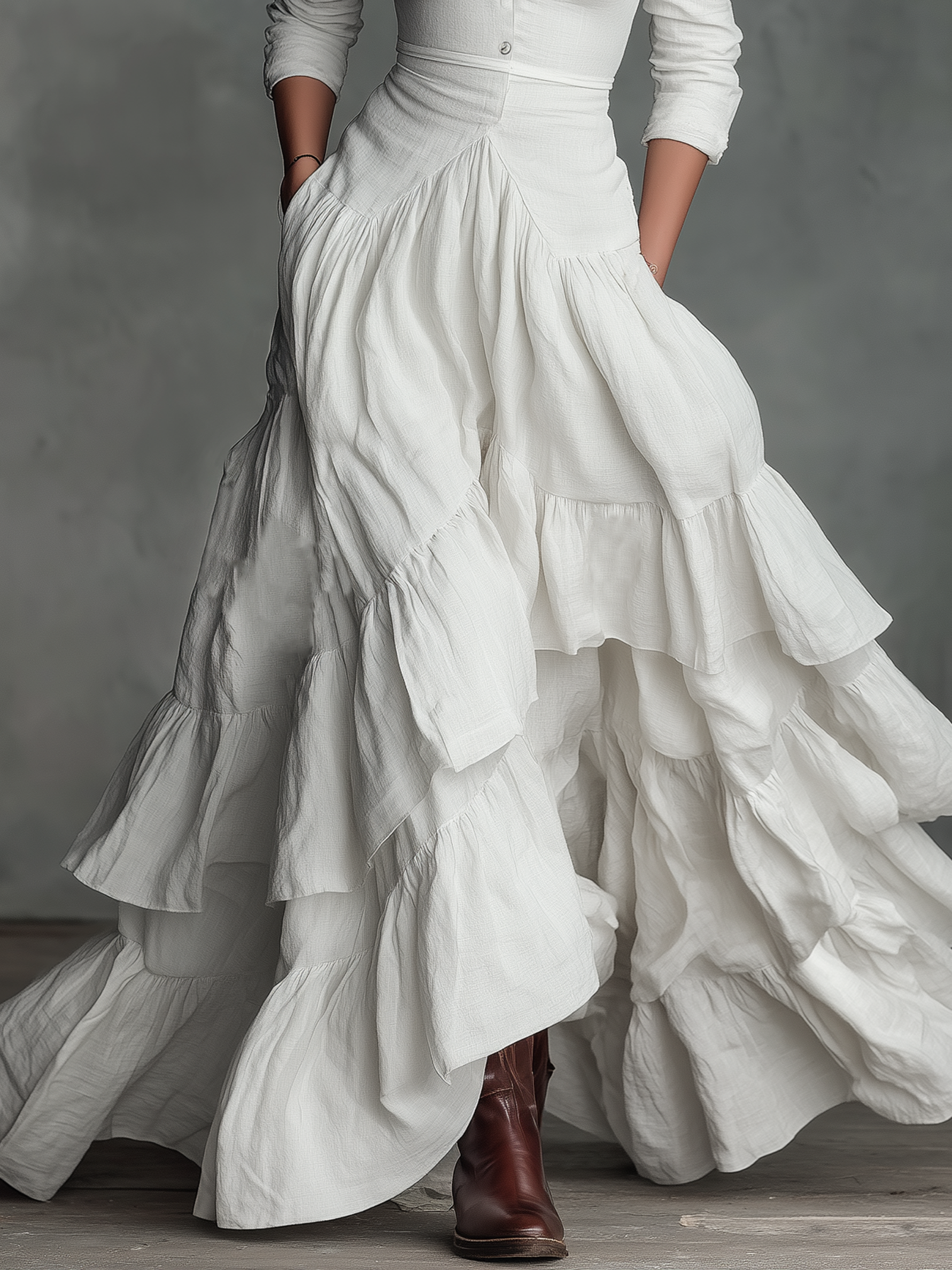 Women's Cotton And Linen Blend Shirt Collar Multi-layered Ruffle Maxi Dress MDA2234K2Y