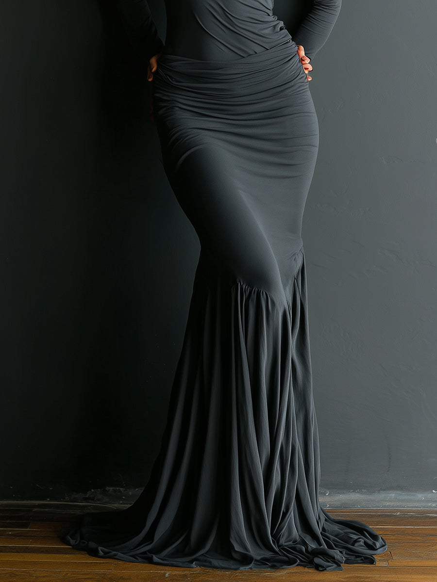 Women's Charcoal Gray Polyester-cotton Blend Elegant Stretch Maxi Dress MDA2518J5I